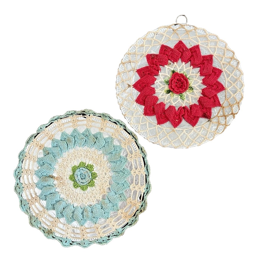 Vtg Set of 2 Granny's Crocheted Covered 8-1/2" Hot Plates Trivets Wall Hangings